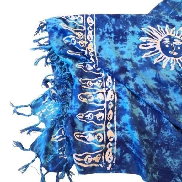 Vintage Boho Sun Tie Dye Sarong Scarf Beach Cover Up Blue Damage Resort Cruise - Picture 2 of 7